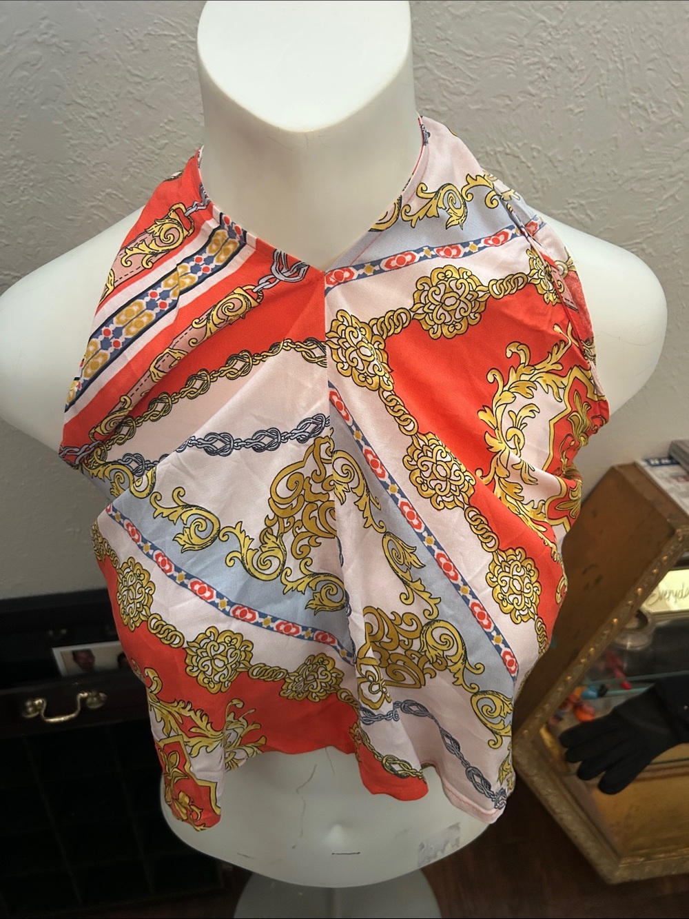 Forever 21 Red, Pink, Gold Patterned Halter Top